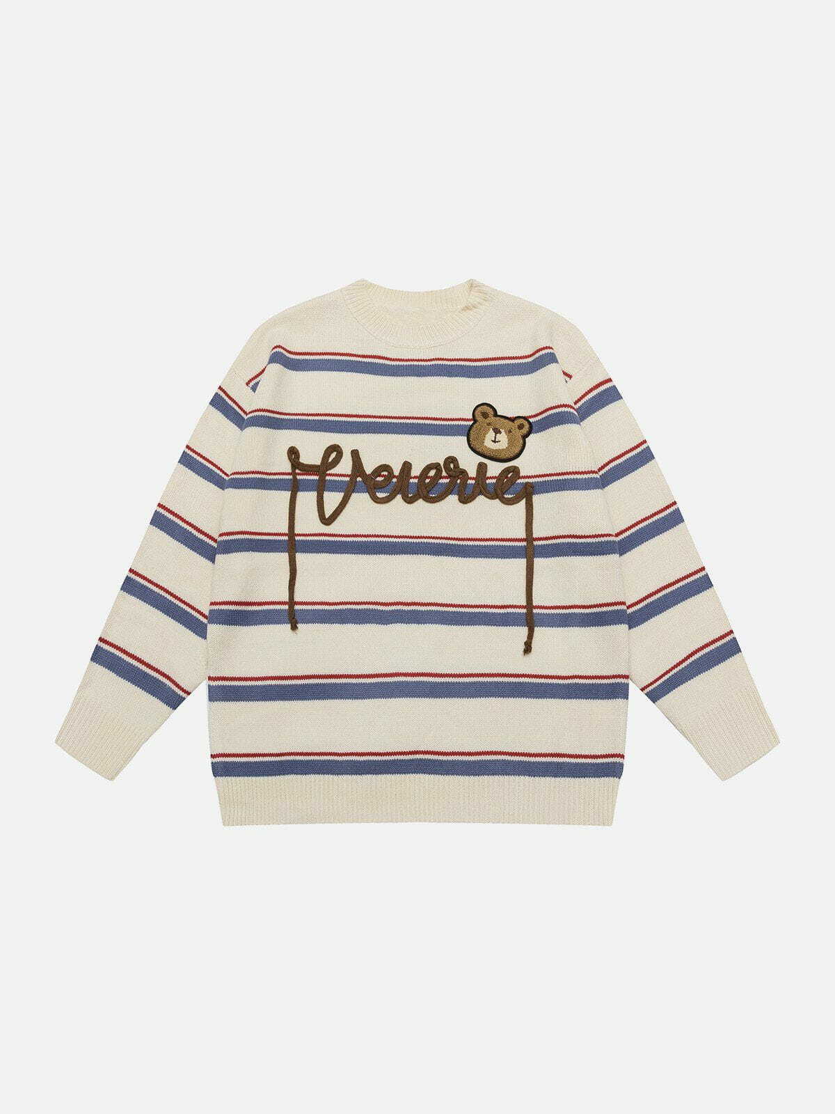 bear letter stripe sweater edgy embroidered detail 4912