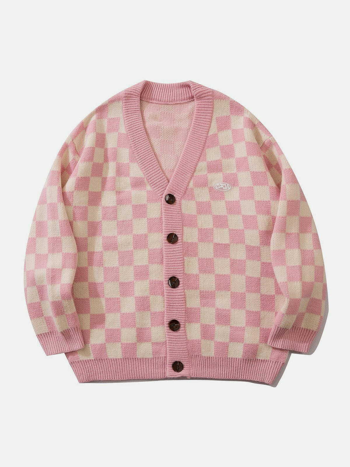 checkerboard knit cardigan retro urban chic 2961