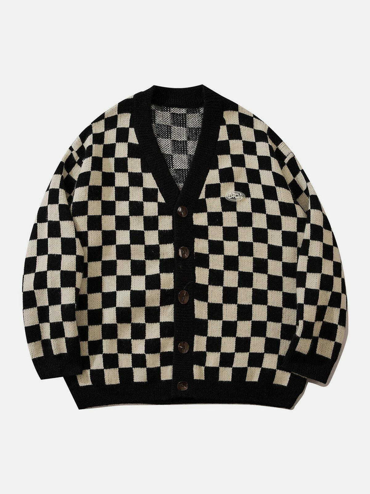 checkerboard knit cardigan retro urban chic 3612