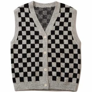 checkerboard knit sweater vest edgy streetwear essential 6322