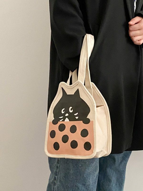 cute little black cat canvas bag edgy  retro streetwear accessory 4395