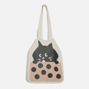 cute little black cat canvas bag edgy  retro streetwear accessory 5332