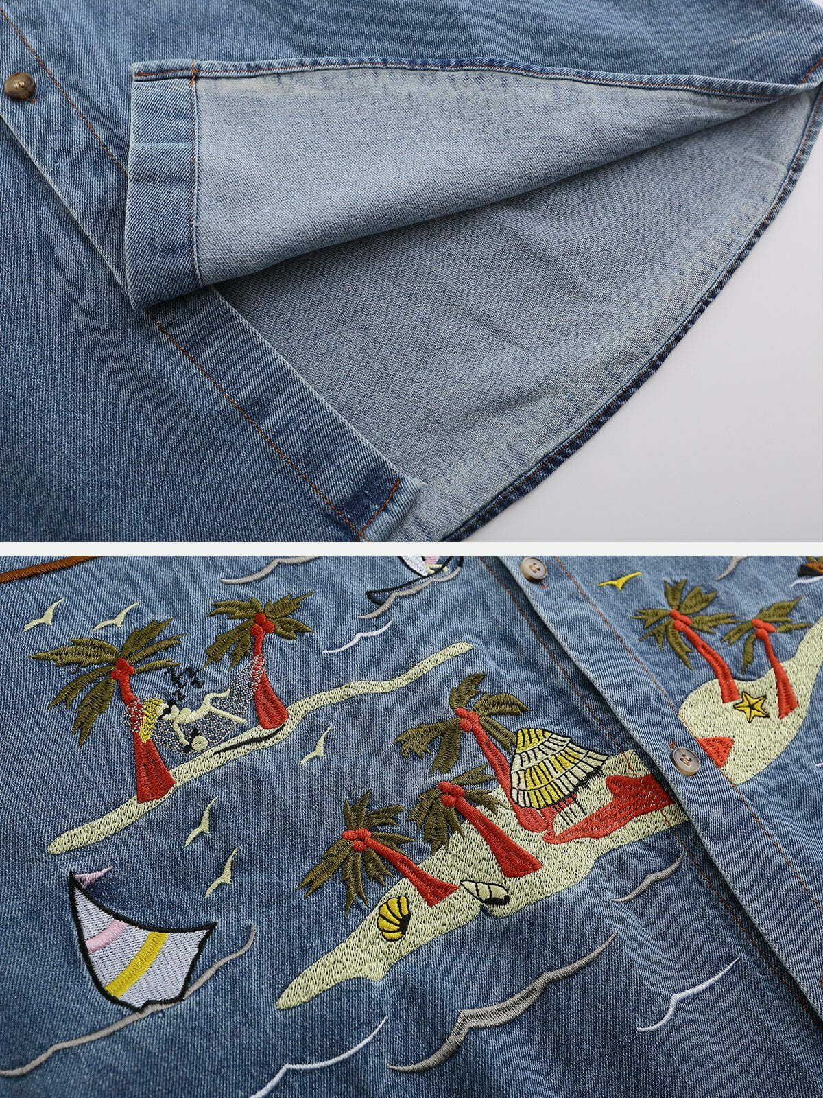 denim embroidered short sleeve shirt vintage stitched edge 2891