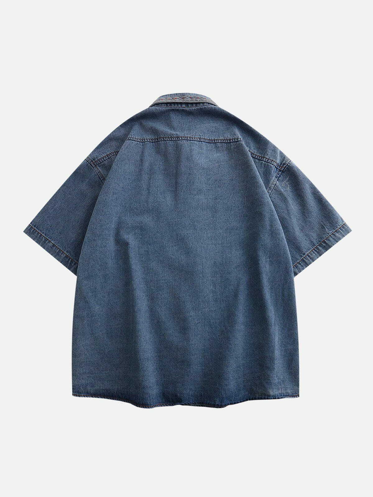 denim embroidered short sleeve shirt vintage stitched edge 5305