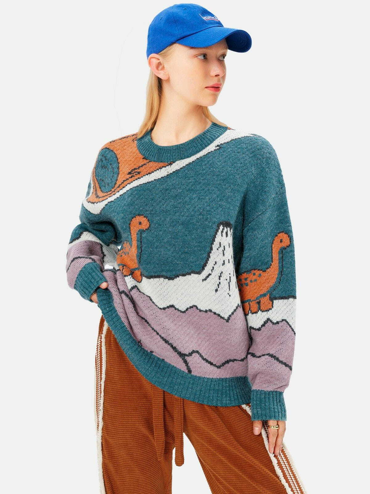 dino print knit sweater quirky & retro streetwear charm 1963