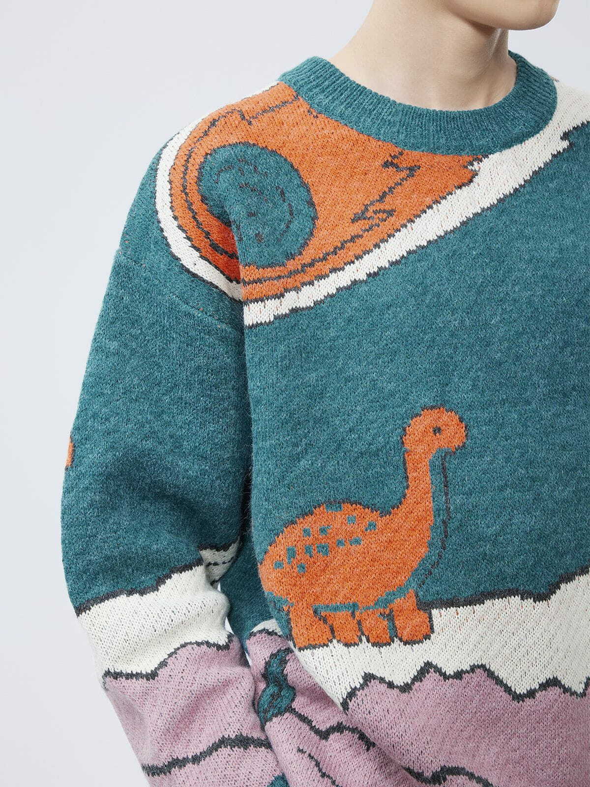dino print knit sweater quirky & retro streetwear charm 2958