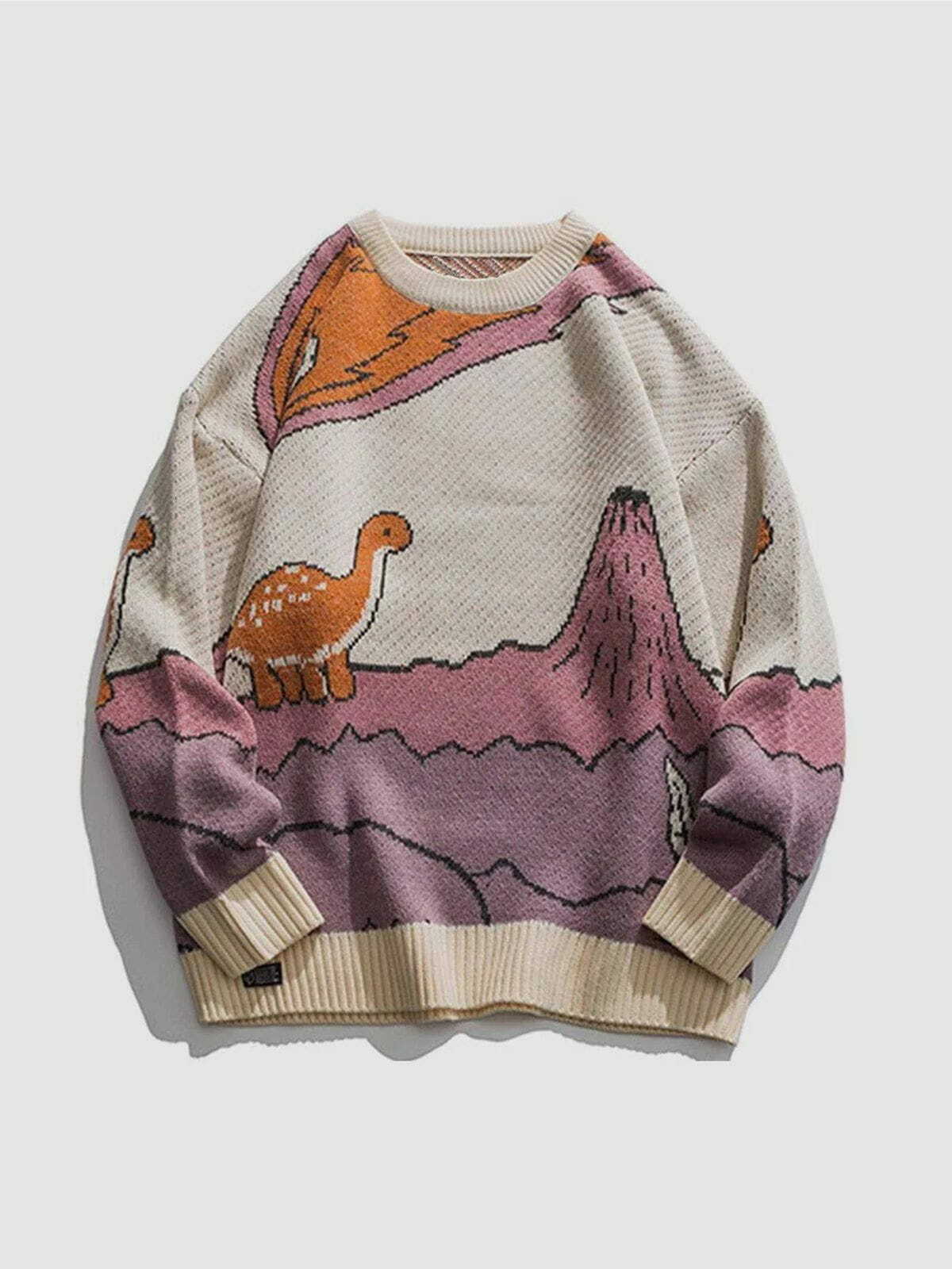 dino print knit sweater quirky & retro streetwear charm 3336