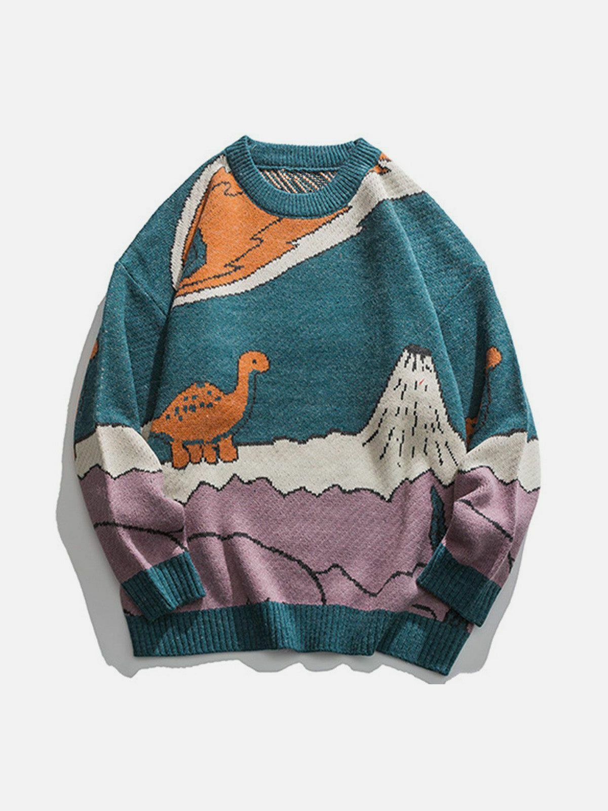 dino print knit sweater quirky & retro streetwear charm 6980