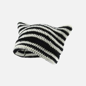dynamic stripe cat ear hat edgy  retro urban fashion accessory 8974