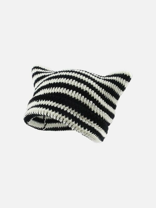 dynamic stripe cat ear hat edgy  retro urban fashion accessory 8974