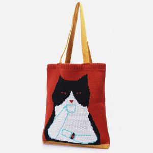 edgy cat graphic knit bag retro  quirky streetwear accessory 6287
