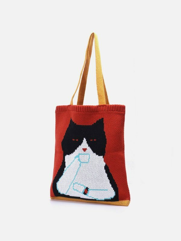 edgy cat graphic knit bag retro  quirky streetwear accessory 6287