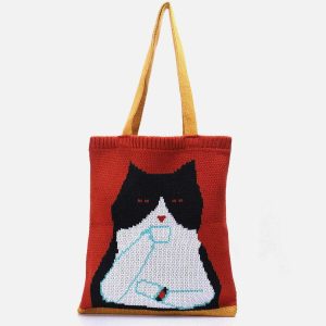 edgy cat graphic knit bag retro  quirky streetwear accessory 8690