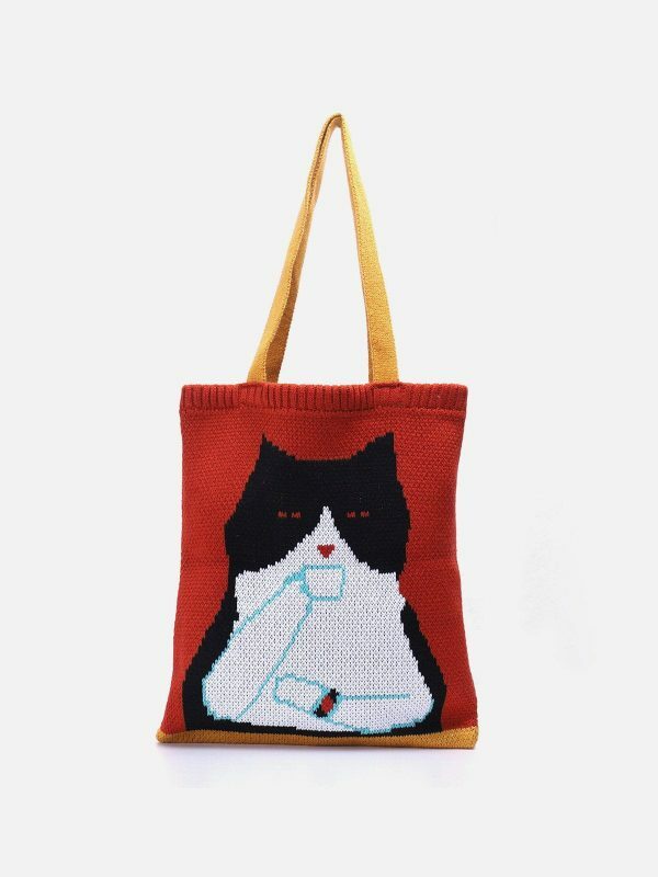 edgy cat graphic knit bag retro  quirky streetwear accessory 8690