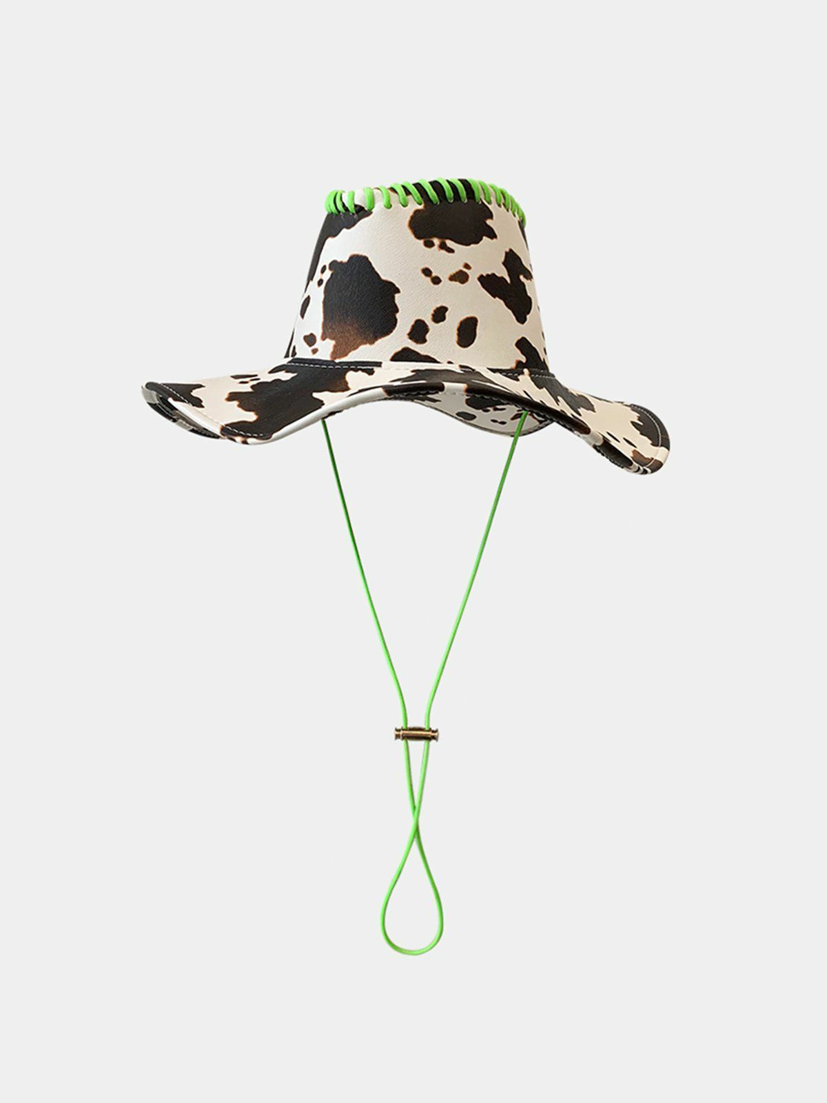 edgy cow print drawstring hat retro leather cap for urban streetwear 4064