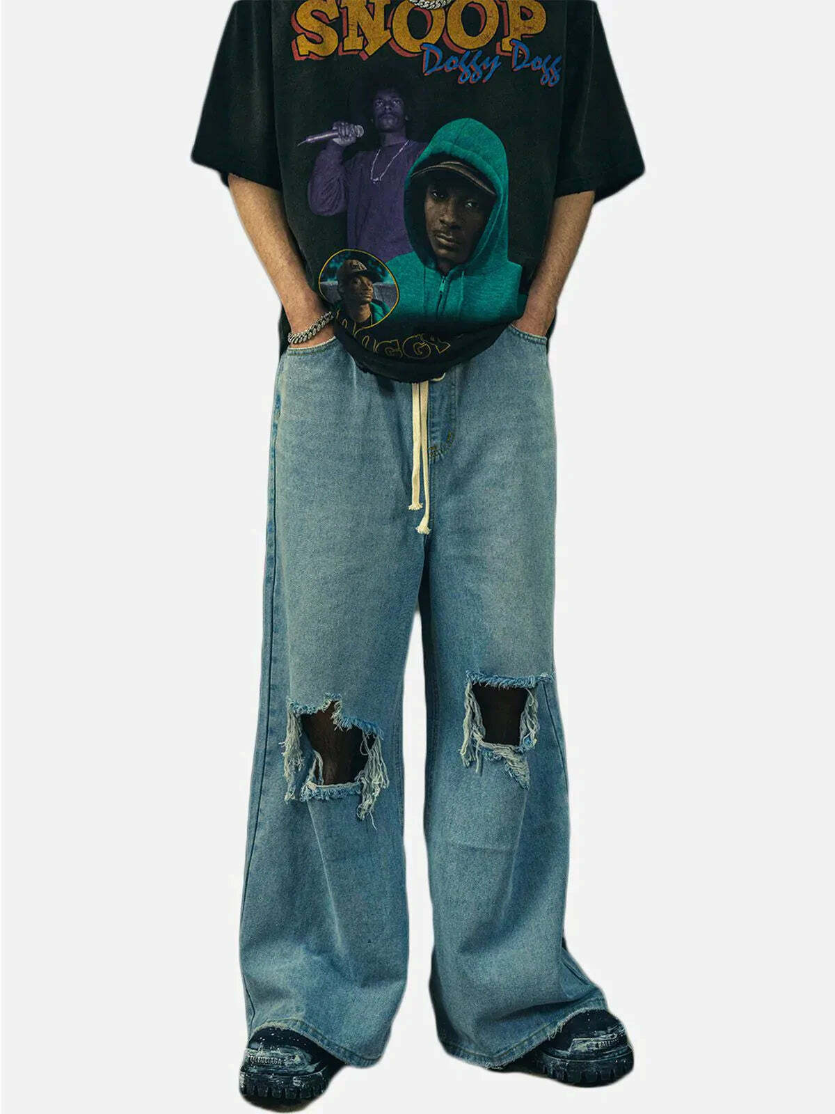edgy wide leg denim pants trendy & ripped streetwear 8018