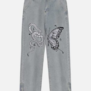 embroidered snake & butterfly jeans edgy & vibrant streetwear 1319