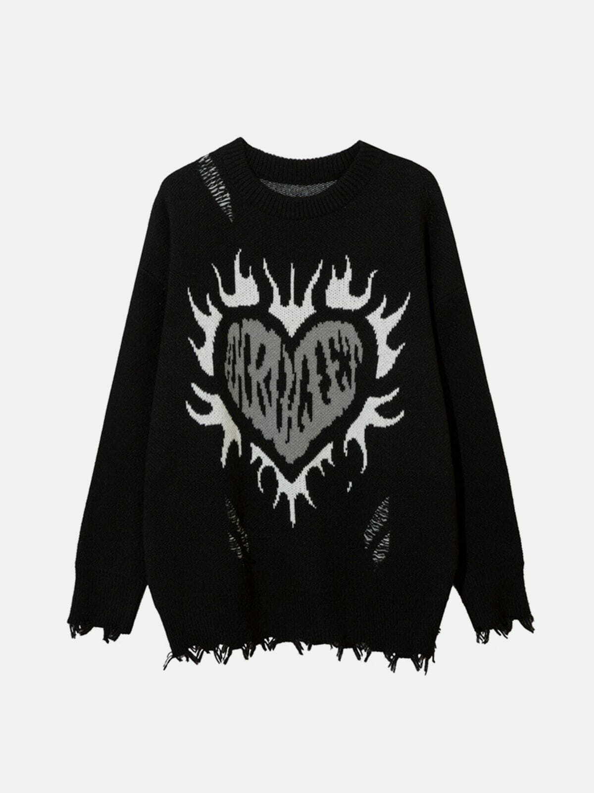 flame heart jacquard sweater edgy retro knitwear chic 3194