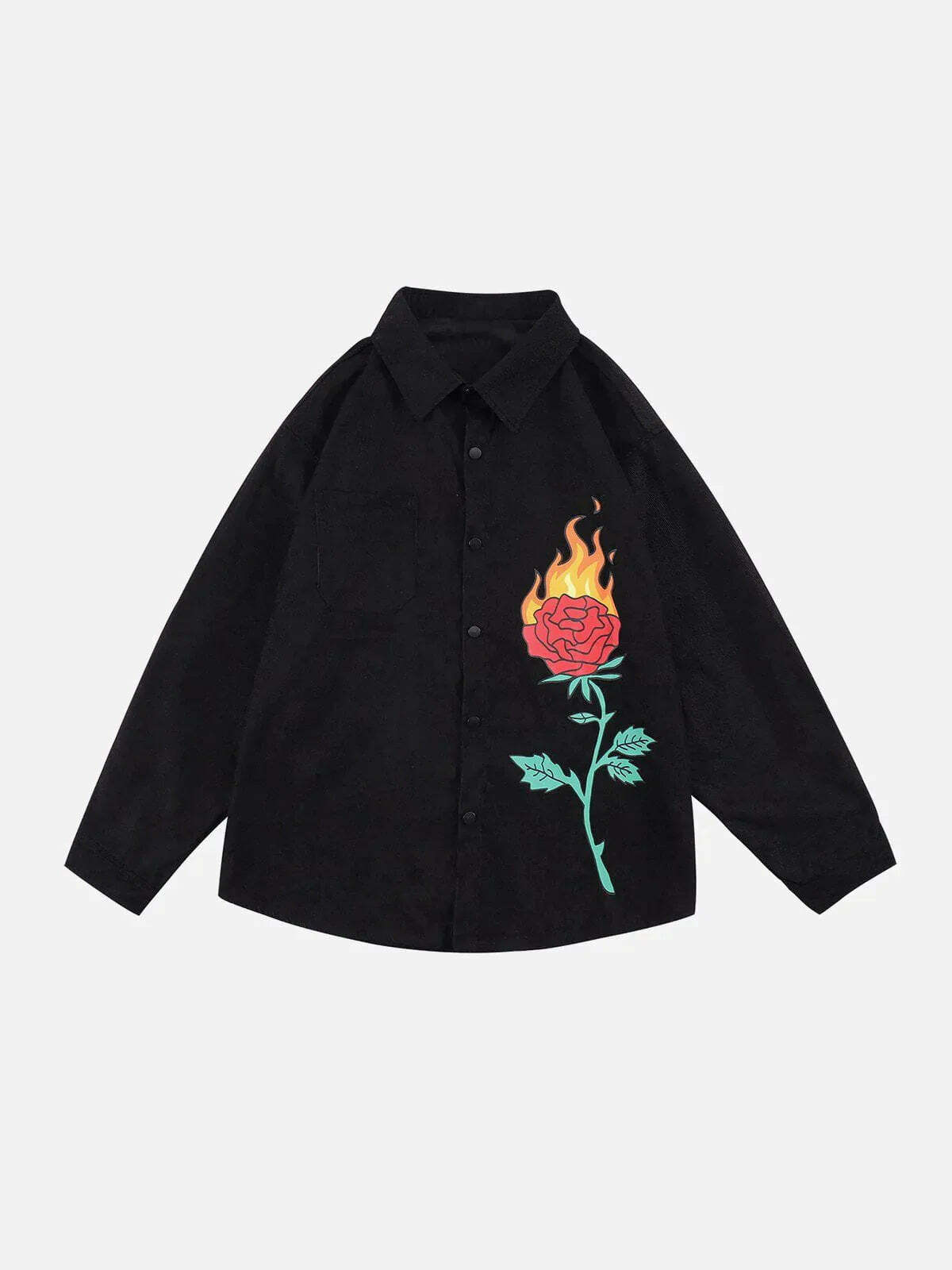 flame rose print shirt edgy & vibrant streetwear 3787