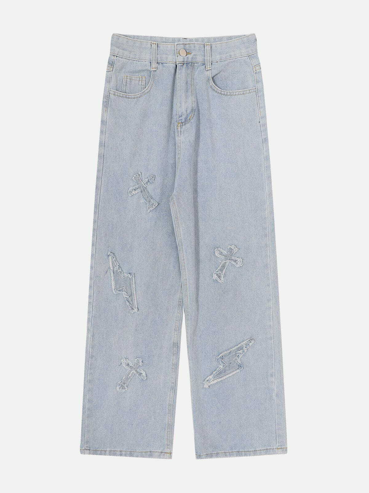 lightning patchwork jeans edgy y2k fashion staple 1988