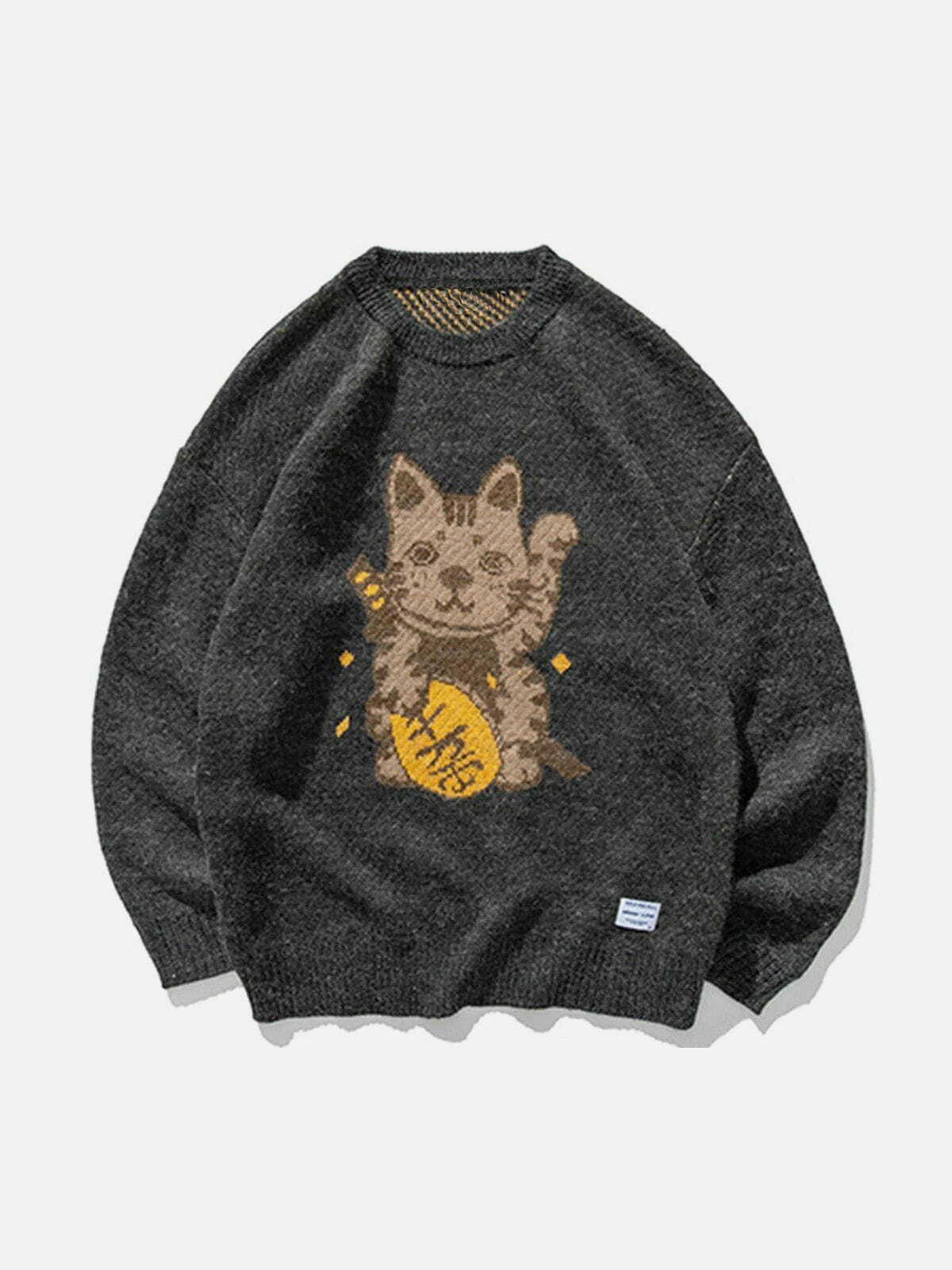 lucky cat knit sweater quirky & vibrant streetwear 7310