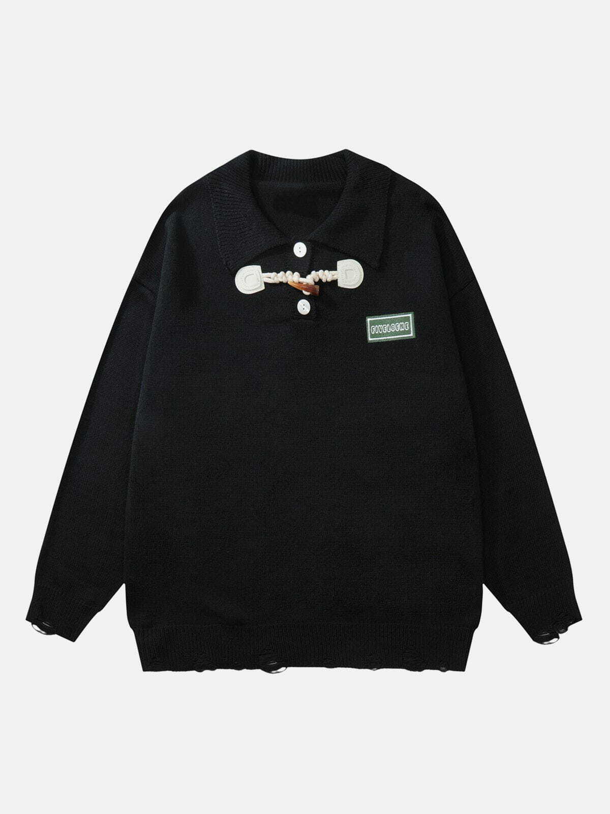 ox horn button polo sweater edgy & retro streetwear 3341