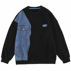 patchwork denim sweatshirt edgy & unique streetwear 6207
