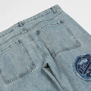 patchwork embroidery denim jeans edgy urban streetwear 5073