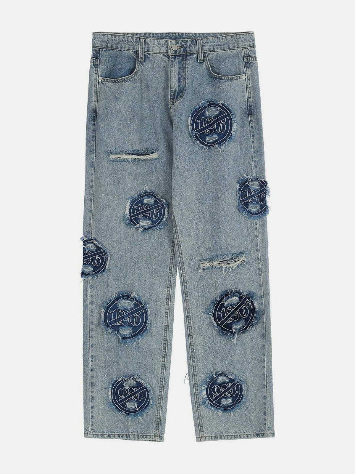 patchwork embroidery denim jeans edgy urban streetwear 7096