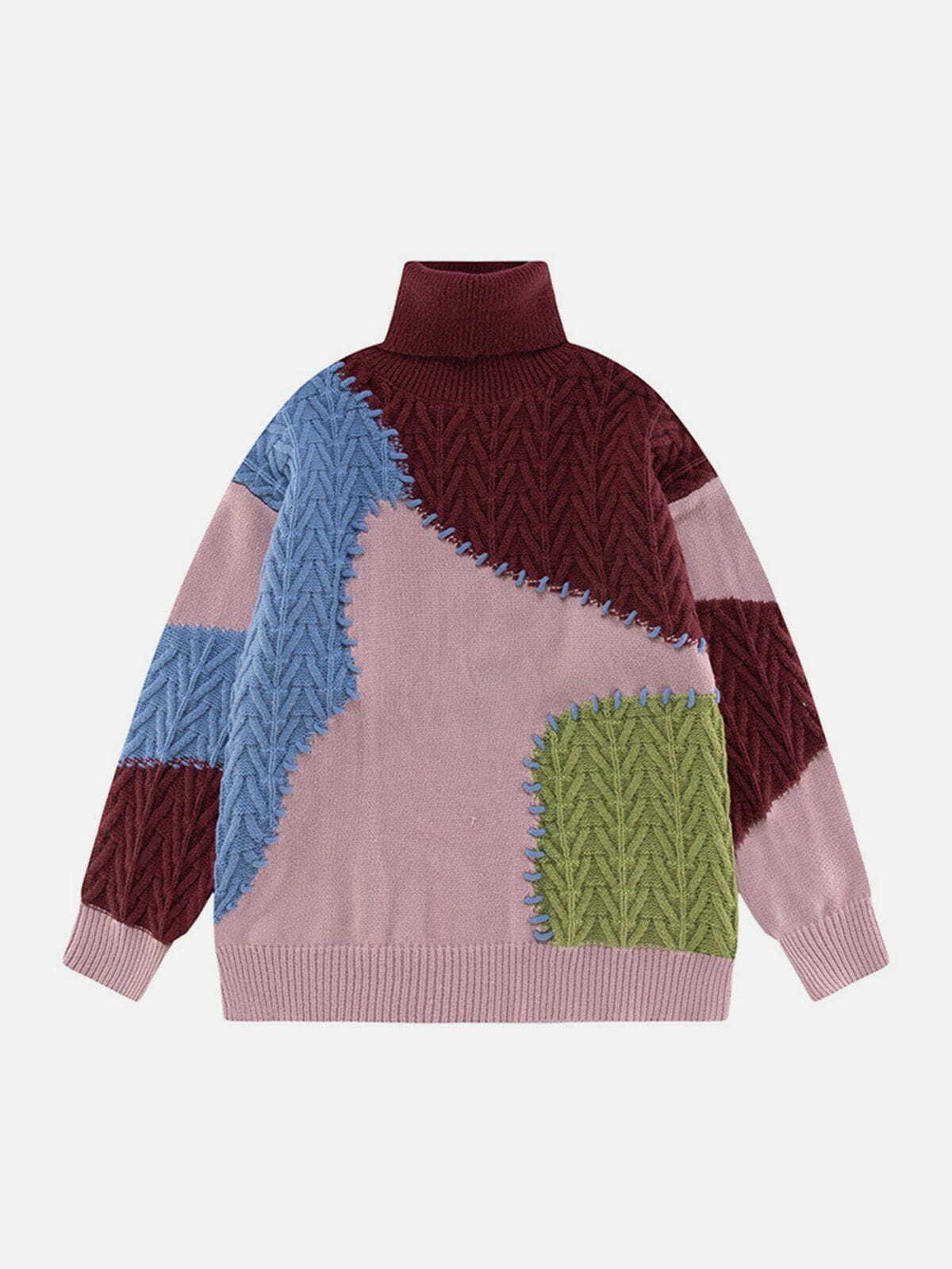 patchwork stitch turtleneck sweater edgy & retro streetwear glamour 4845