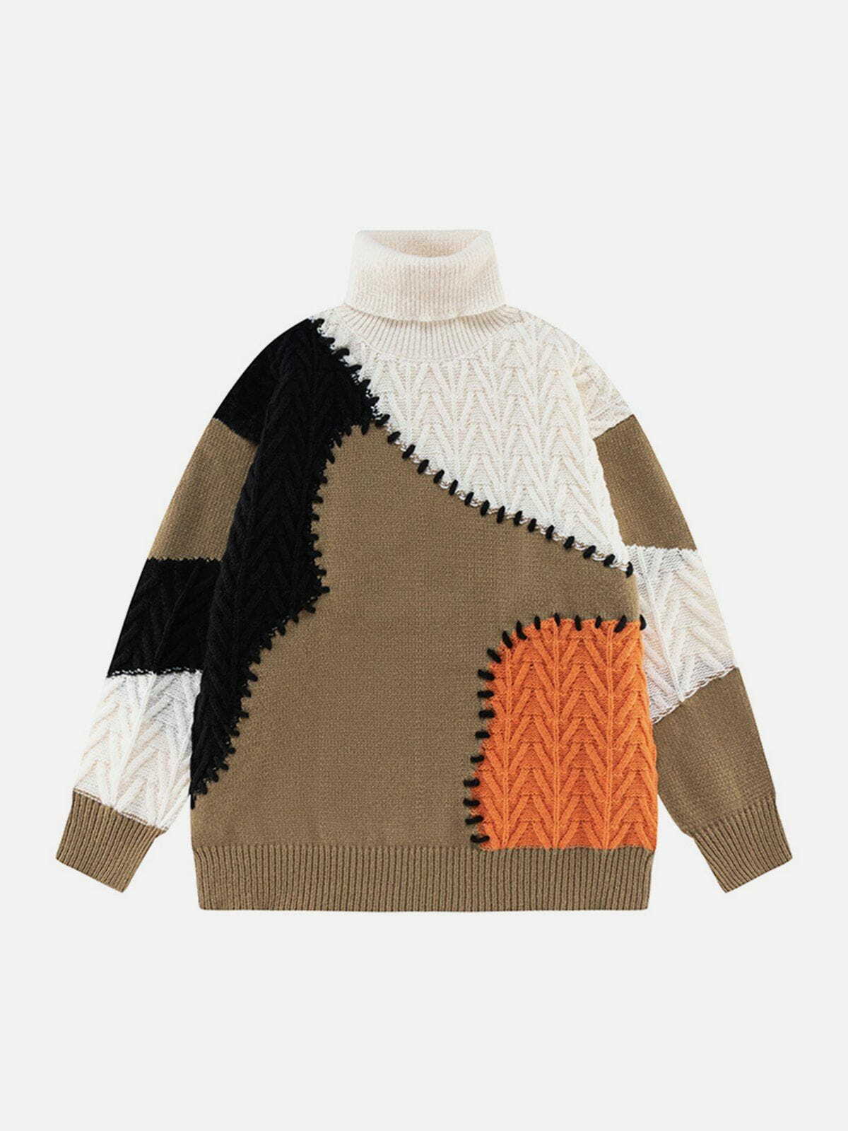 patchwork stitch turtleneck sweater edgy & retro streetwear glamour 8712