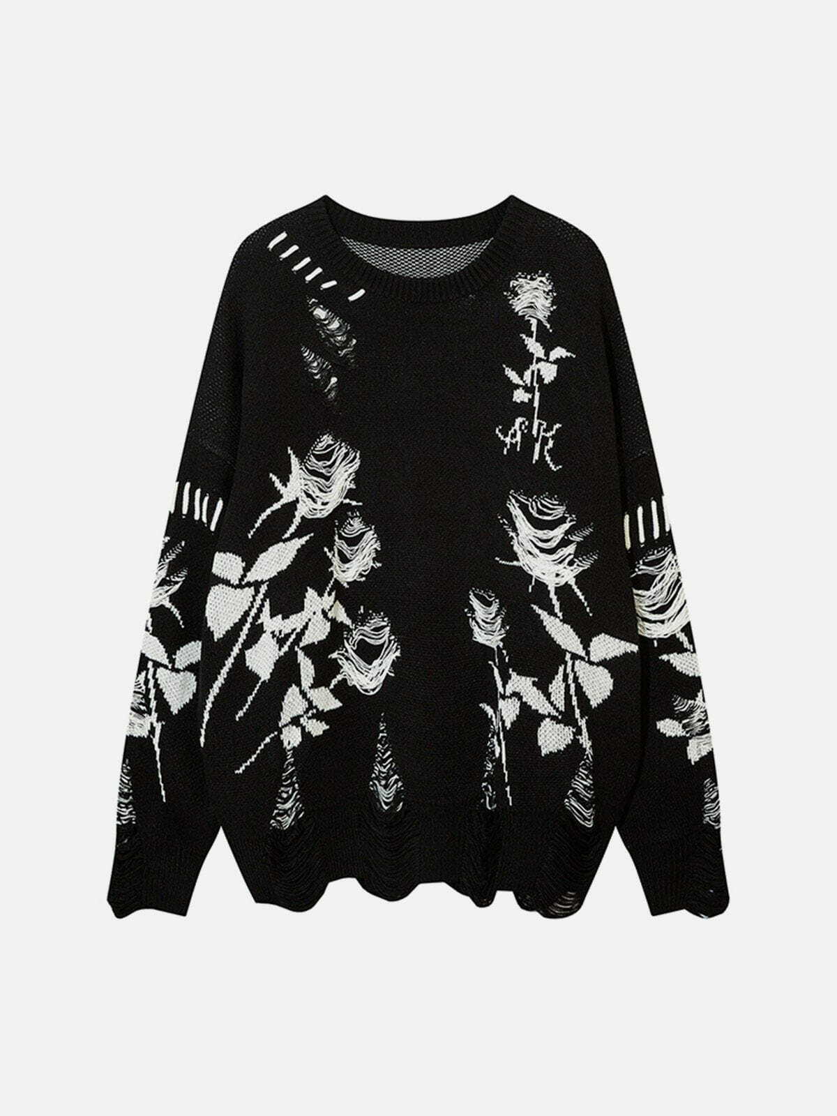 raw edge rose sweater quirky floral streetwear 7735