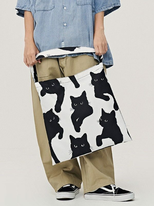 retro cat print bag edgy urban shoulder purse 4317