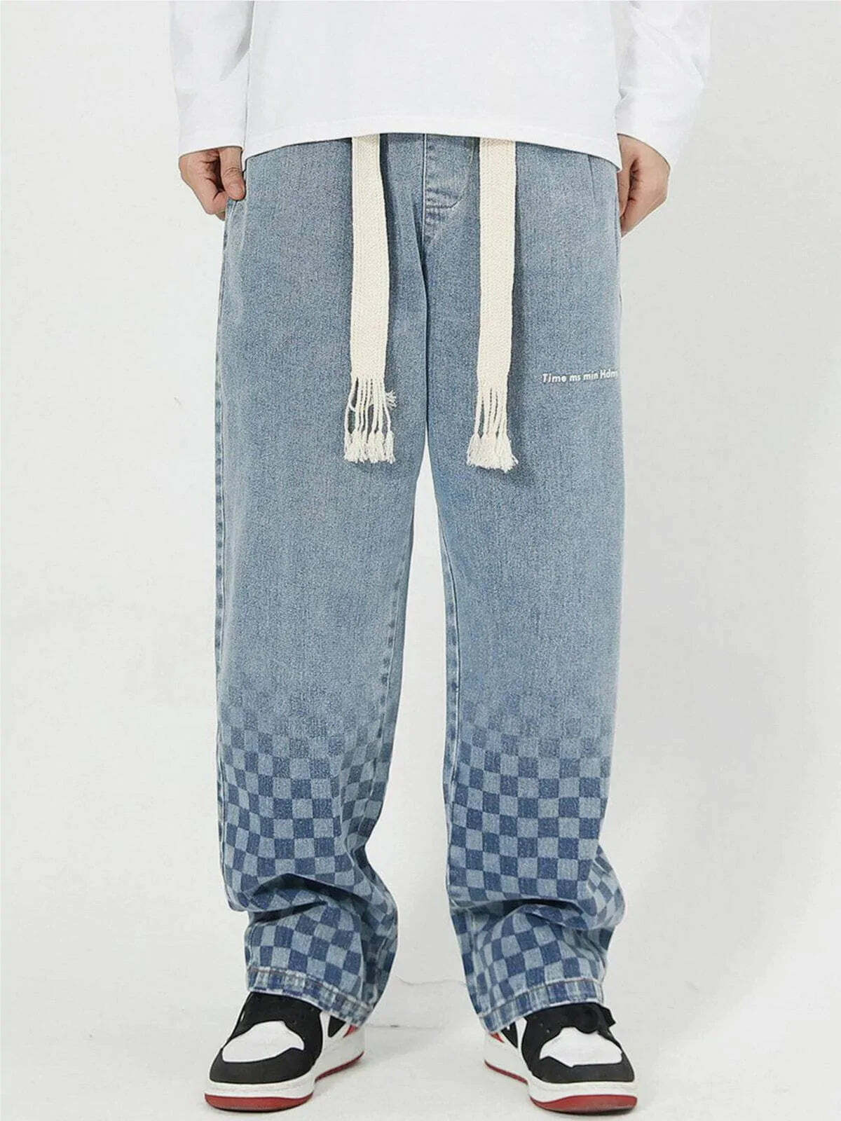 retro checkerboard print jeans edgy & vibrant streetwear 4224