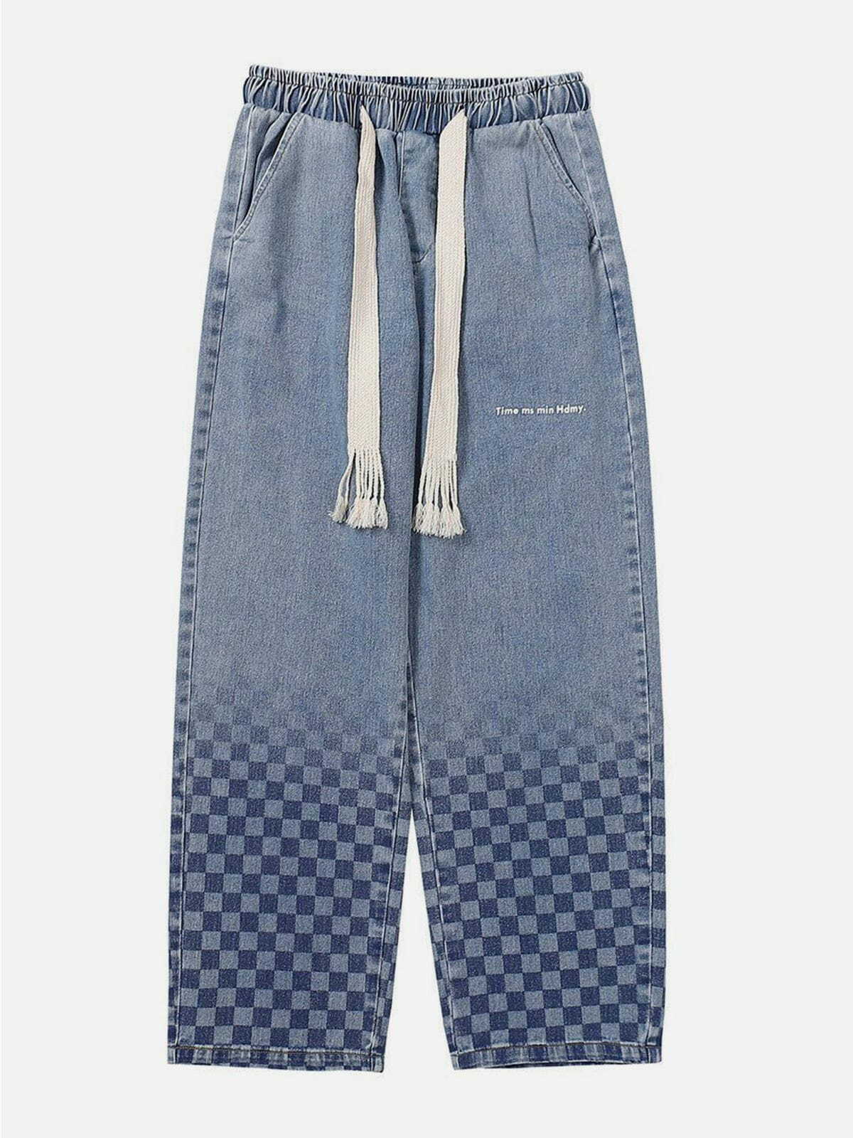 retro checkerboard print jeans edgy & vibrant streetwear 4542