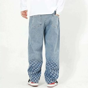 retro checkerboard print jeans edgy & vibrant streetwear 6742