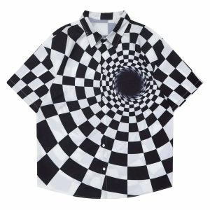 retro checkerboard tee edgy short sleeve shirt for a vibrant look 4576