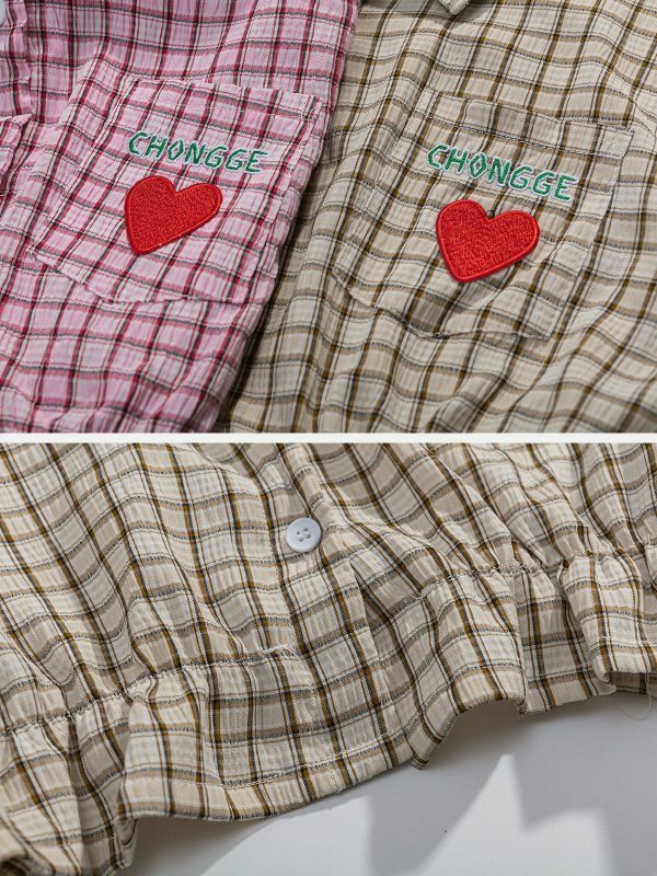 retro love tee edgy plaid shirt with vibrant embroidered detail 1649