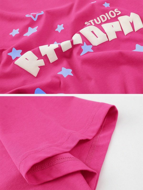 retro star tee edgy  vibrant foam print shirt 6034