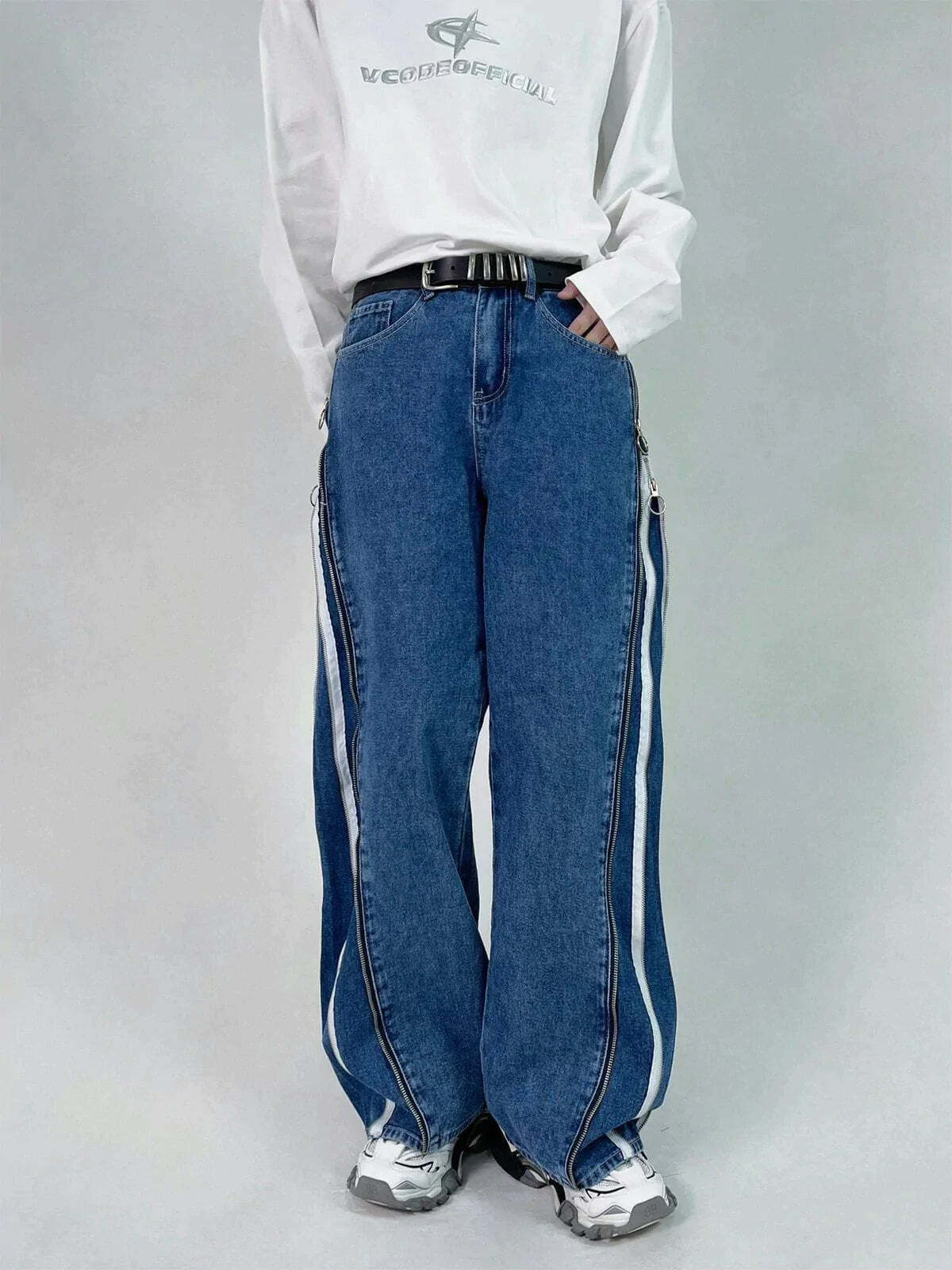 retro stripe zipup jeans edgy & vibrant streetwear 3984