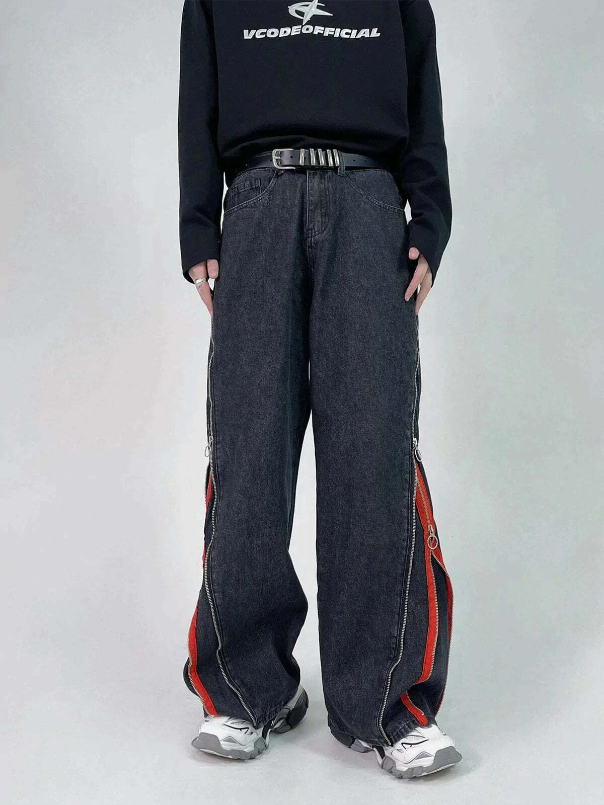 retro stripe zipup jeans edgy & vibrant streetwear 6842