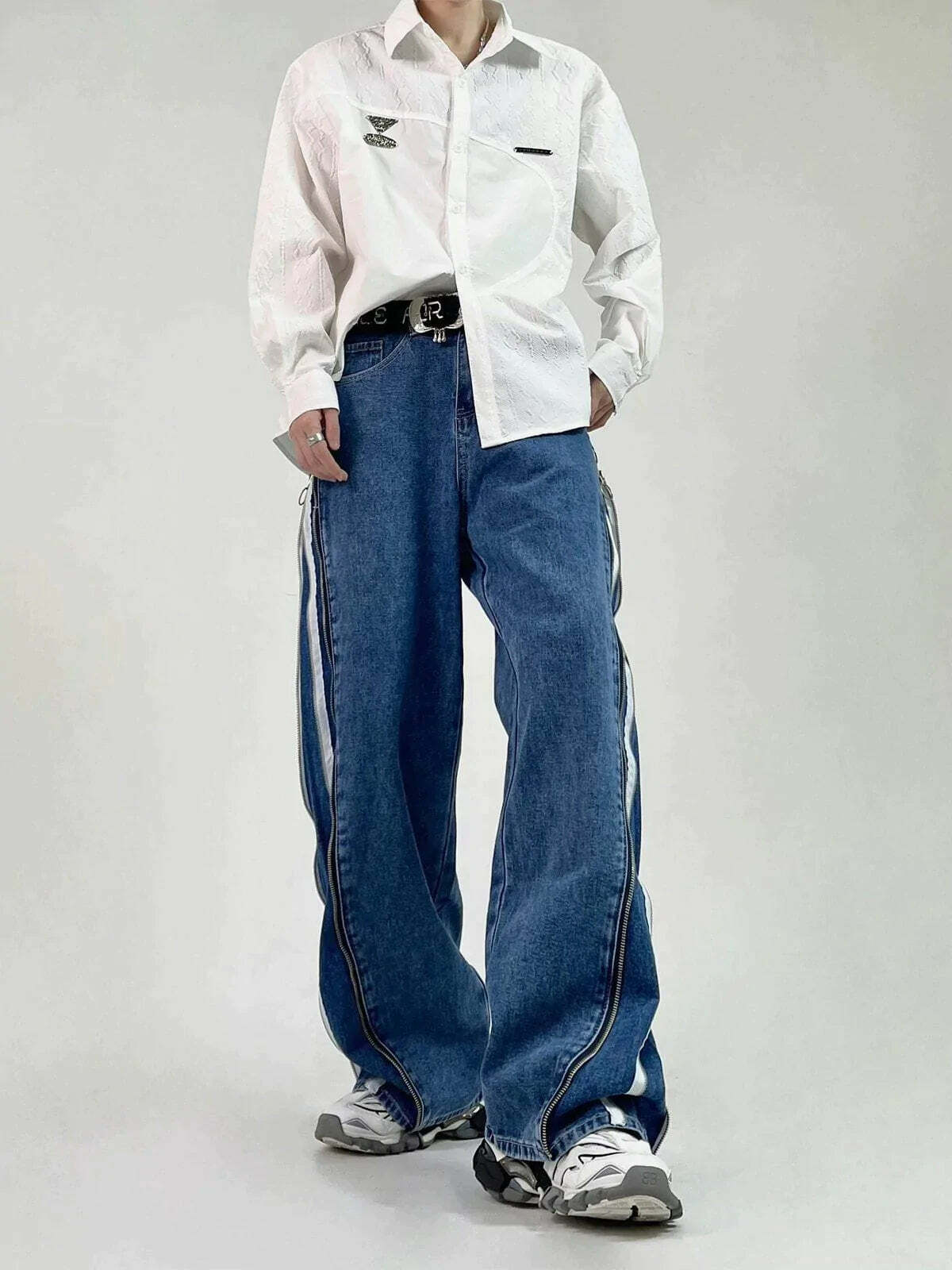 retro stripe zipup jeans edgy & vibrant streetwear 7687
