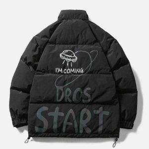revolutionary 'start' print coat edgy & vibrant winter fashion 3310