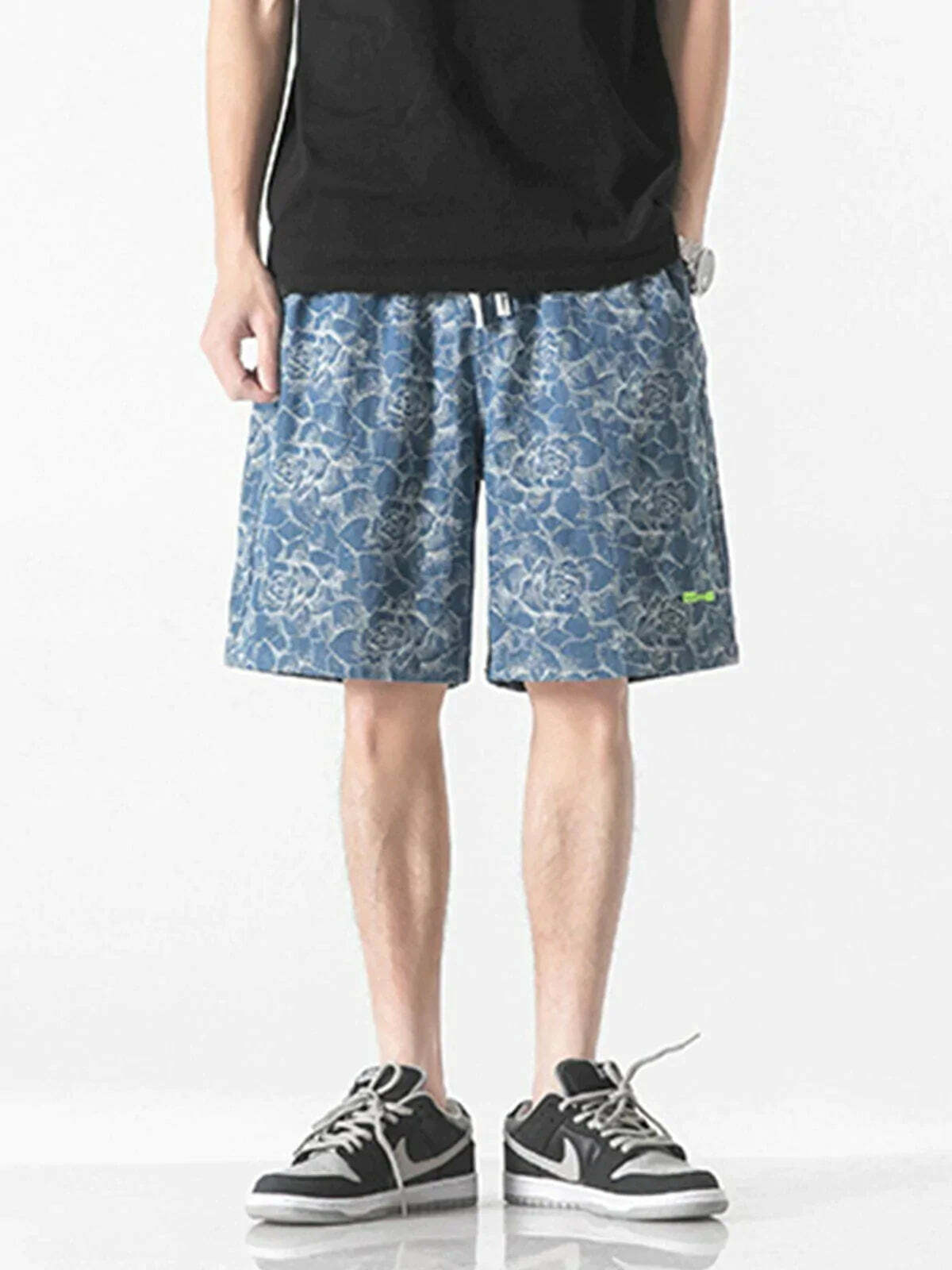 rose print drawstring denim shorts edgy streetwear essential 2408
