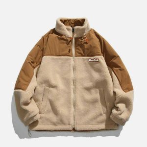 sherpa patchwork winter coat edgy & cozy streetwear 1100