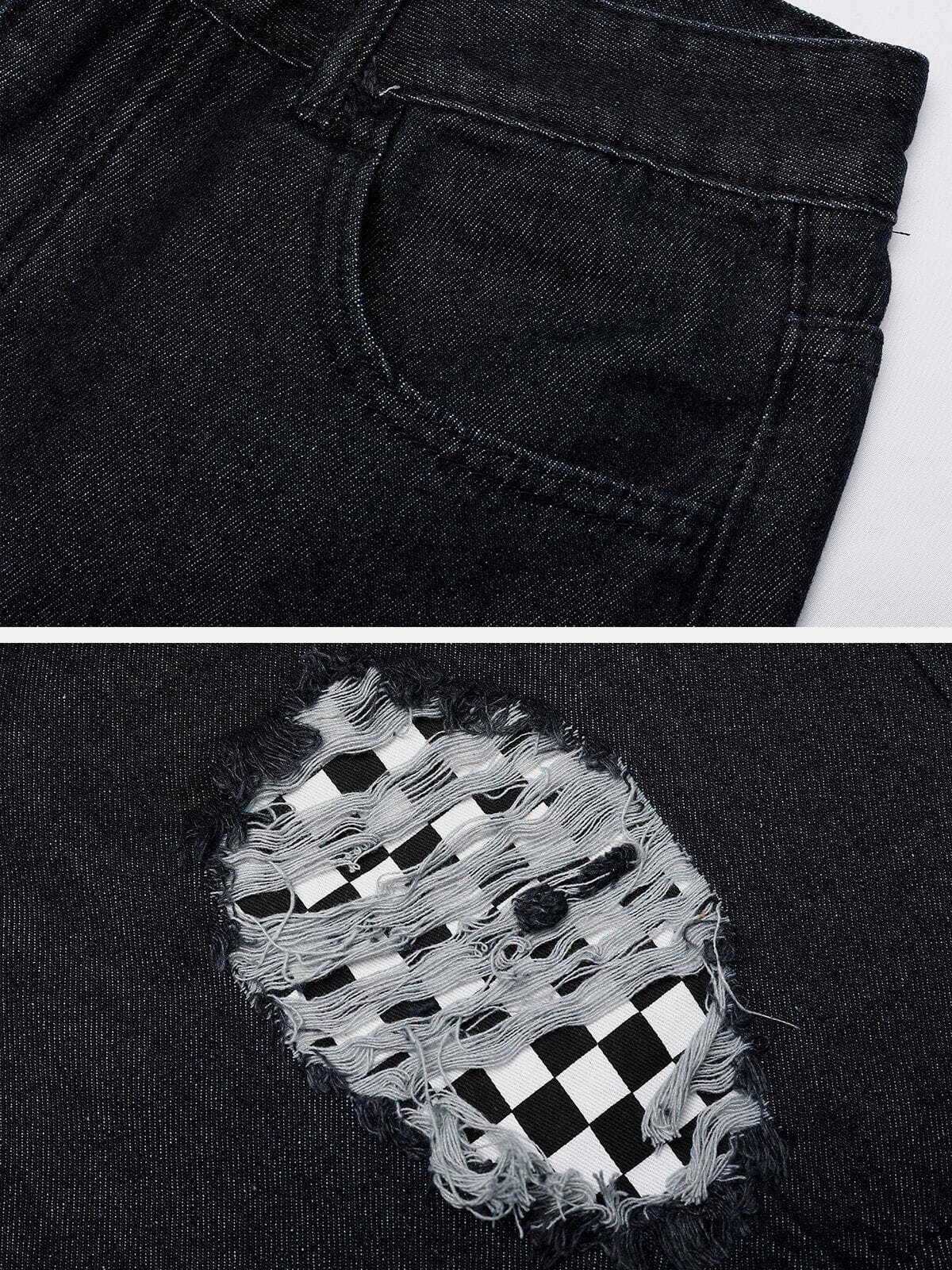 shredded checkerboard denim shorts edgy streetwear essential 3620