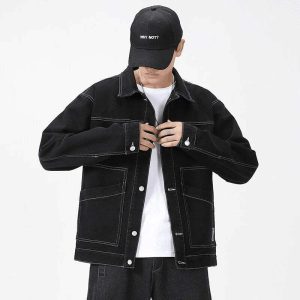 sleek black denim jacket urban fashion essential 1250