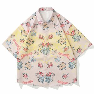 vibrant flower letters tee retro youthful short sleeve shirt 4047