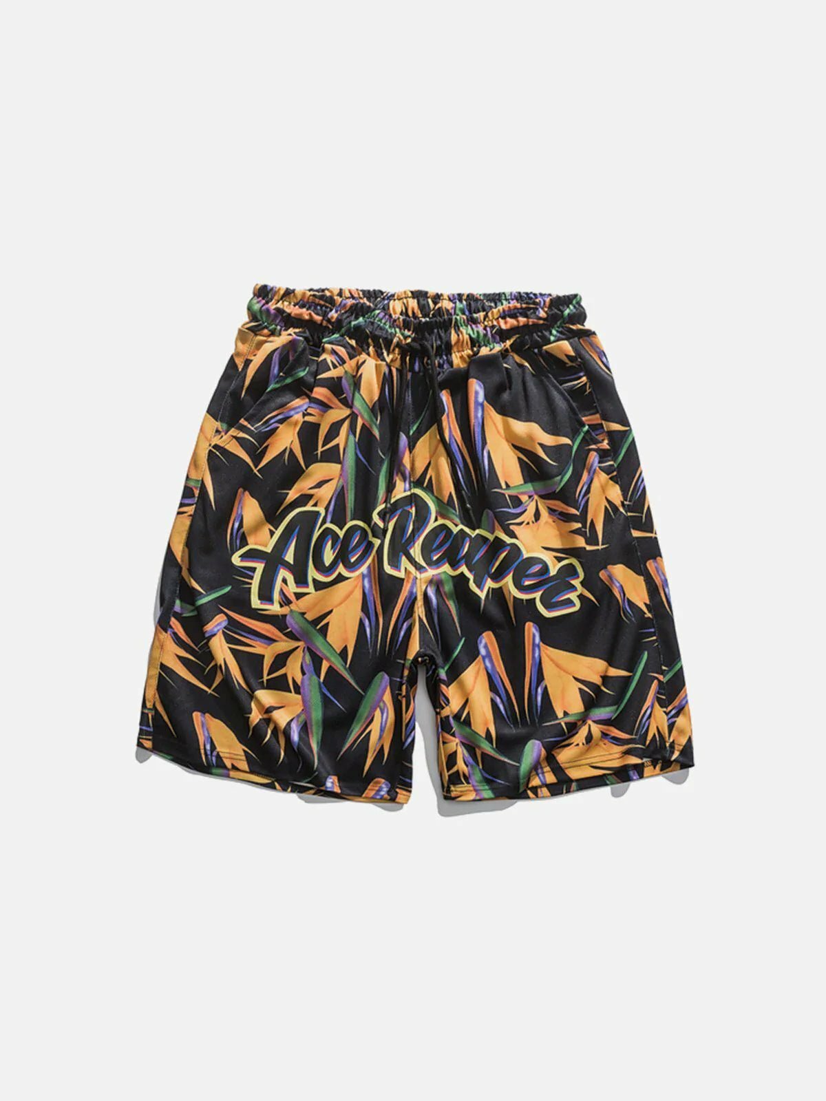 vibrant leaf print shorts youthful  retro beachwear 3960