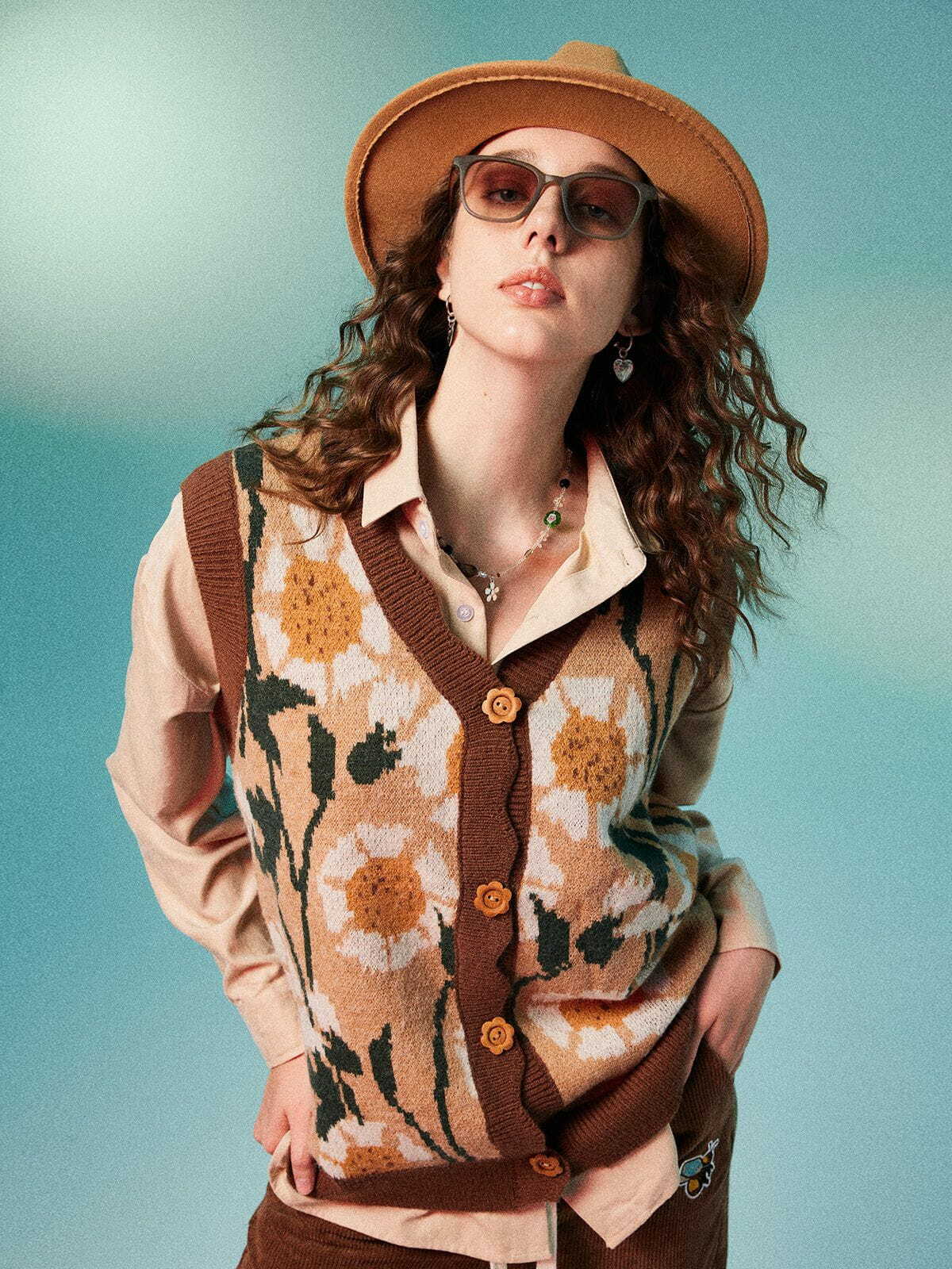 vintage sunflowers sweater vest retro chic y2k fashion essential 3401